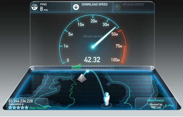 Internet speed test result showing 42.32 Mbps download speed, ping 8 ms, Manchester server