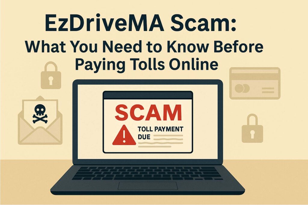 Laptop screen showing EzDriveMA scam warning with icons of email, lock, and credit card representing phishing and fraud risk.