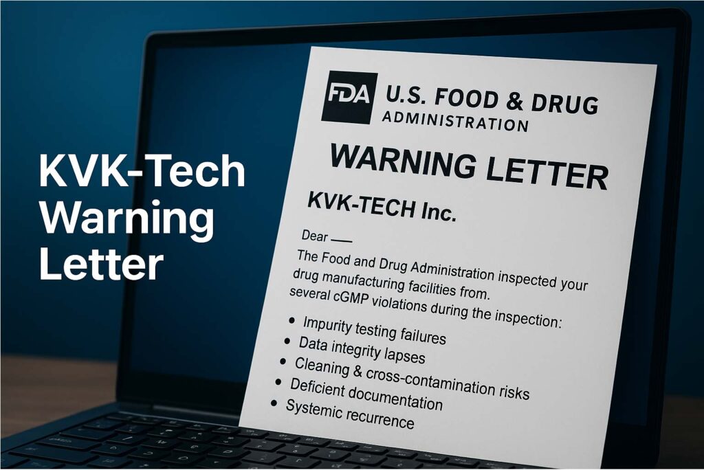 Banner showing FDA warning letter to KVK-Tech with key violations including impurity testing failures, data integrity lapses, cleaning validation issues, and documentation gaps.